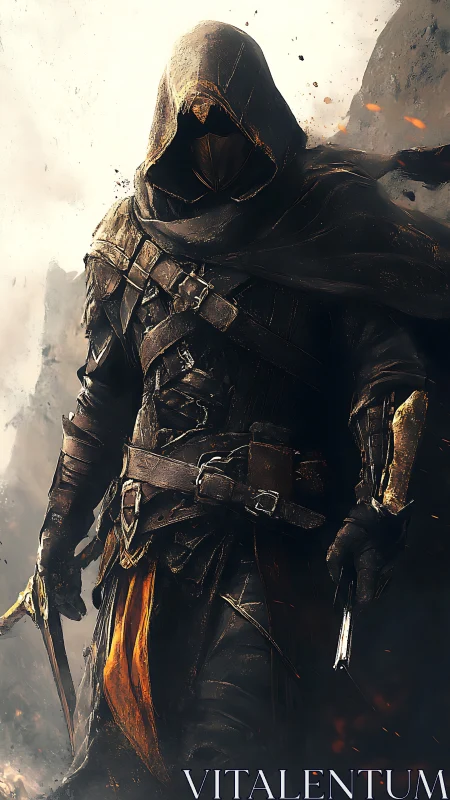 Hooded bladed infiltrator in scorched high-contrast armor.