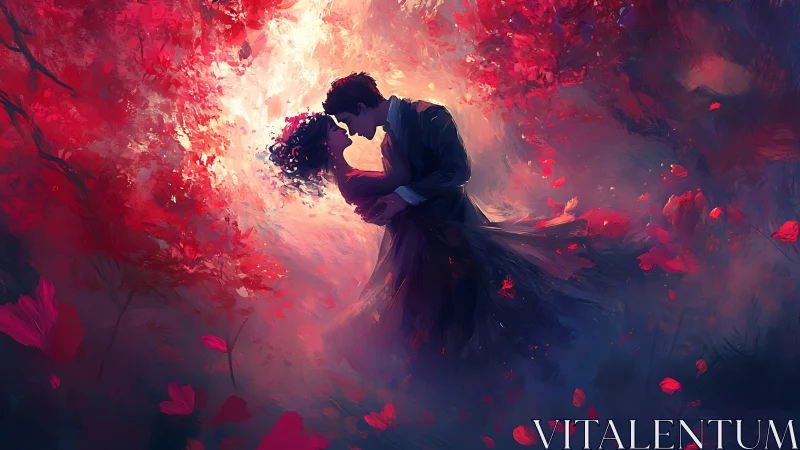 Couple kissing in rose garden with luminous backdrop.