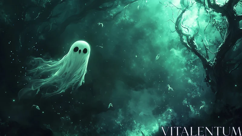 Ghostly figure drifts through glowing green forest night