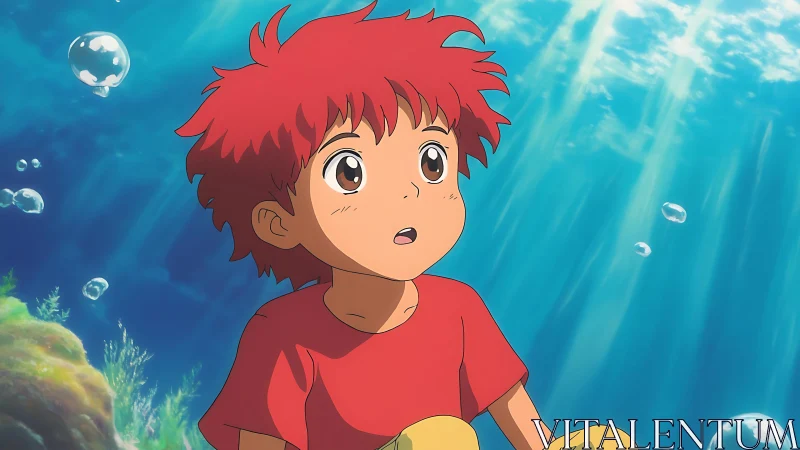 Animated child with red hair is seated underwater and observes
