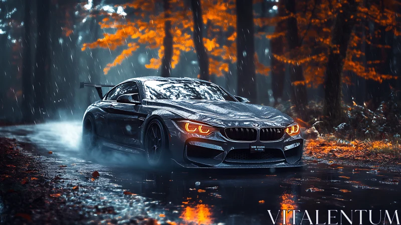 Stormlit sports coupe carving rain-soaked forest road.