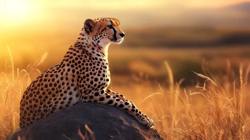 Sunlit sentinel cheetah basking on a golden savanna throne.
