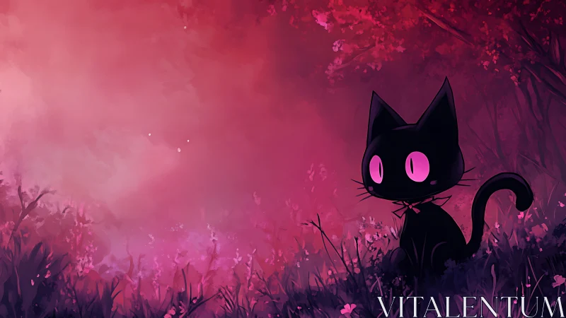 Black Cat with Glowing Magenta Eyes in Ethereal Pink Forest