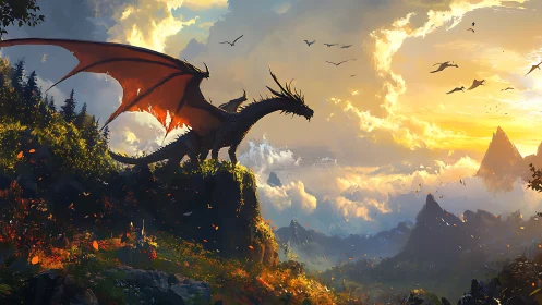 Epic fantasy dragon vista in luminous atmospheric landscape.