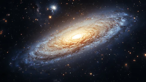 Spiraling starlit galaxy wrapped in soft golden glow.