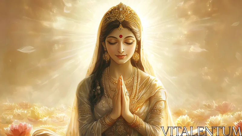 Divine female figure sits in lotus field with radiant backlight