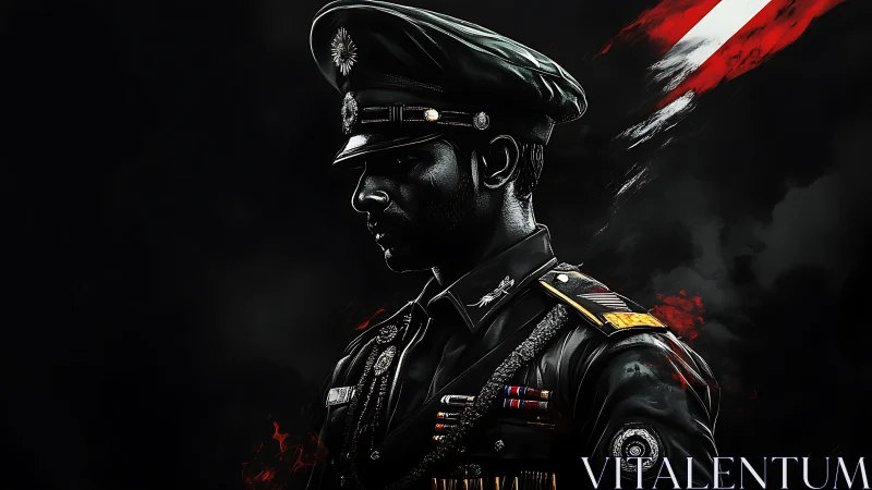 Officer in decorated uniform stands in dramatic side profile