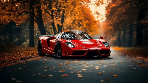Red supercar cuts through autumn forest road in style.
