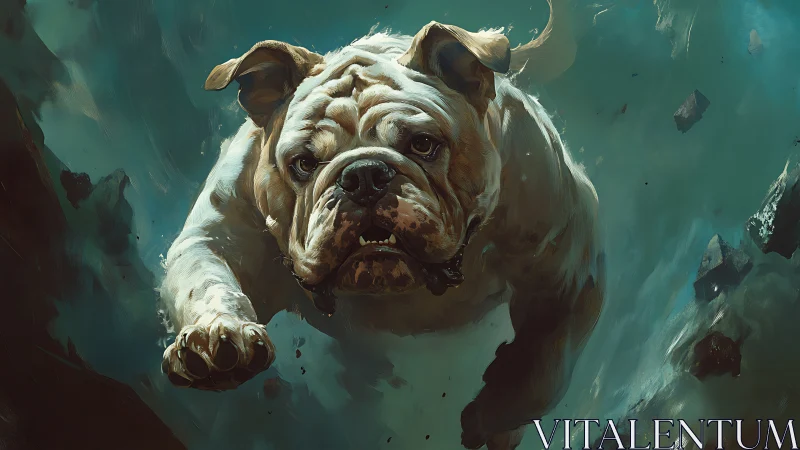 Bold bulldog surges forward through swirling teal storm clouds
