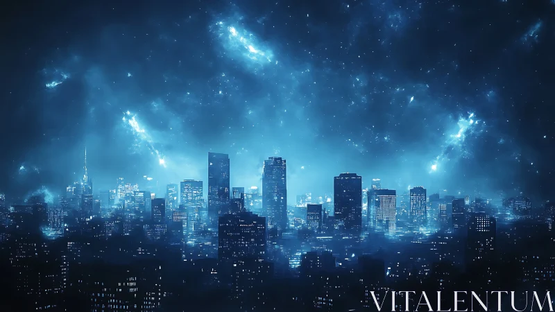 Futuristic neon city skyline under glowing cosmic night.