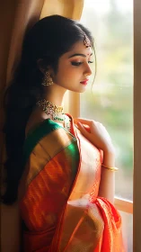 Woman in traditional saree stands by window in soft light
