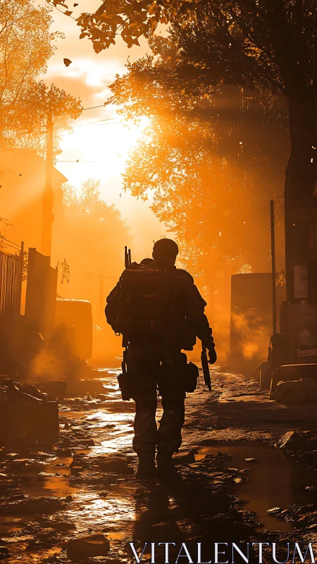 Soldier silhouette in orange backlit urban alley at sunrise.