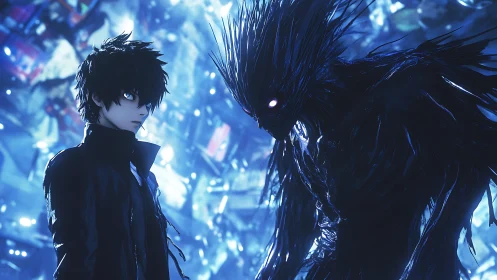 Neon-lit anime youth confronting luminous void wraith entity