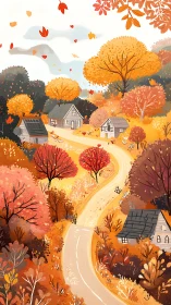 Golden autumn village road winds through glowing trees