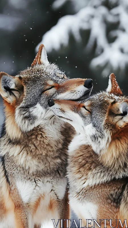 Winter-close coyotes nuzzling in softly falling snowstorm.
