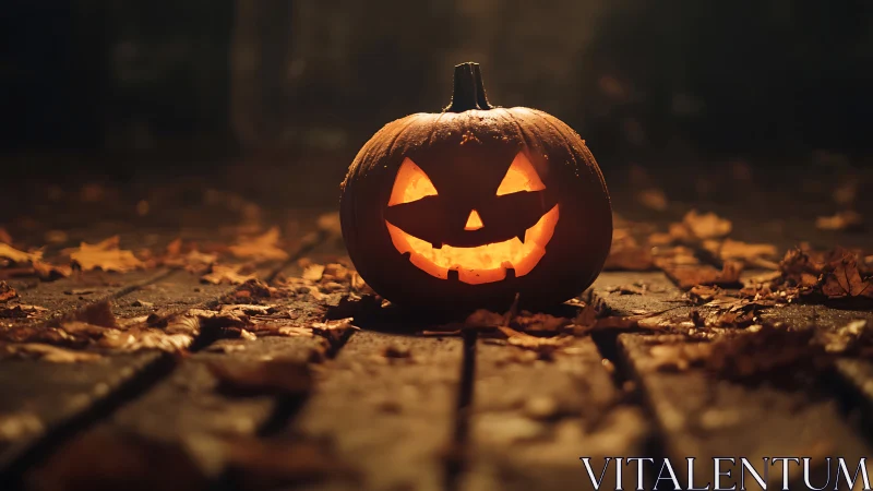 Glowing jack o lantern smiles warmly on a leaf strewn path