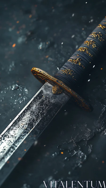 Weathered katana blade with ornate hilt and molten sparks.