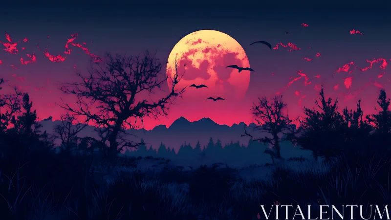Blood red full moon over dark forest silhouettes at dusk.