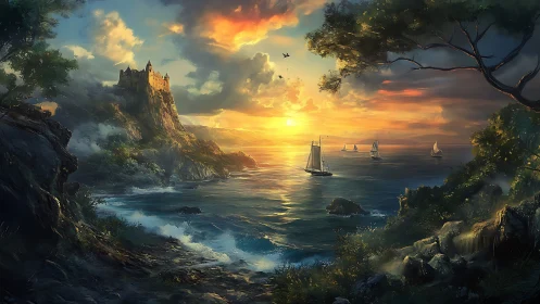 Sunset Seascape with Castle Overlooking Golden Waters