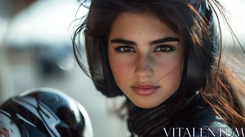 Motorcyclist portrait captures intense gaze in soft daylight