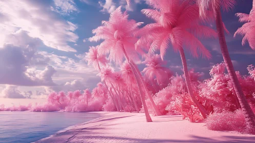 Pink Tropical Beach with Palm Trees and Surreal Sky.