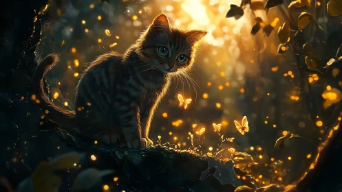 Kitten with Luminous Butterflies and Golden Light Effects