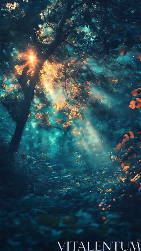 Golden Whispers Radiate Through the Teal-Drenched Forest Canopy