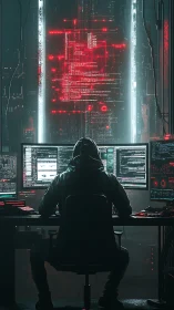 Midnight coder at neon screens in a humming cyber lab.