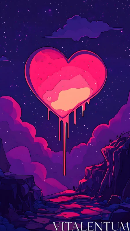 Neon Heart with Molten Core in Nocturnal Landscape.