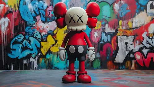 Urban vinyl toy figure before saturated graffiti wall backdrop