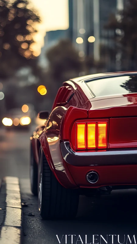 Classic red muscle car glows at dusk on city street.