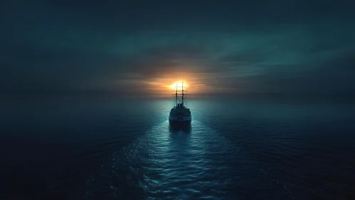 Digital seascape with silhouetted ship against horizon glow.