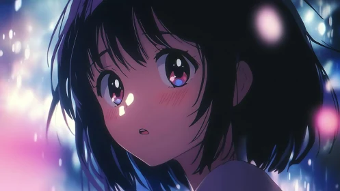 Starlit-eyed girl pausing beneath a rain of neon fireflies.