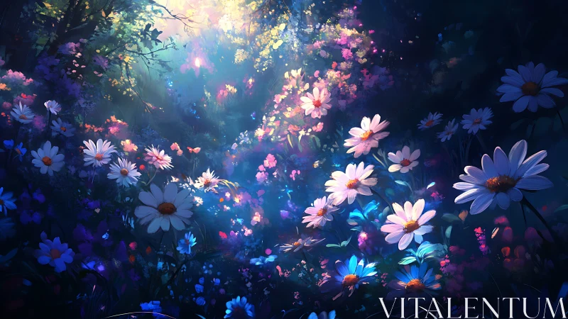 Glowing Daisy Field. Ethereal Digital Garden.