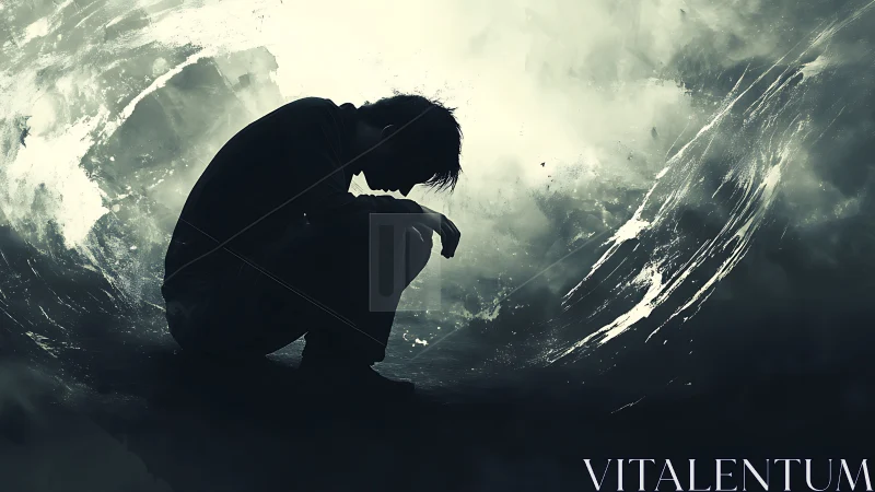 Silhouetted figure in stormlike abstract emotional void.