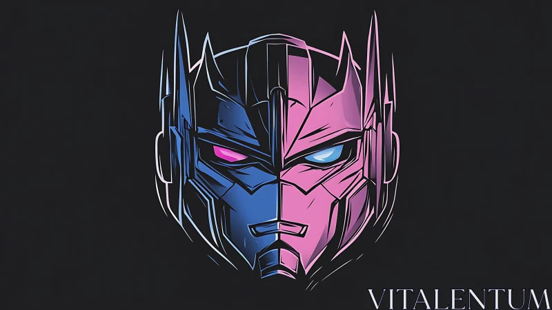 Split neon mech helm in symmetrical cyberpunk vector profile.