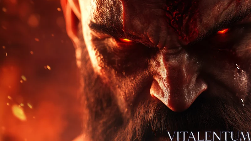 Demonic warrior&rsquo;s burning gaze cuts through molten shadows