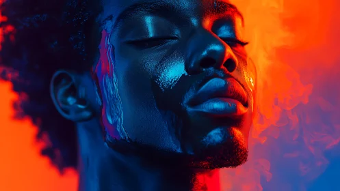 Neon portrait with closed eyes in blue orange smoke glow.