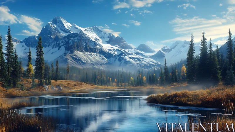 Snowcapped alpine range mirrored in tranquil autumn lake.