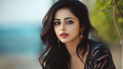 Portrait captures serene woman with soft outdoor bokeh