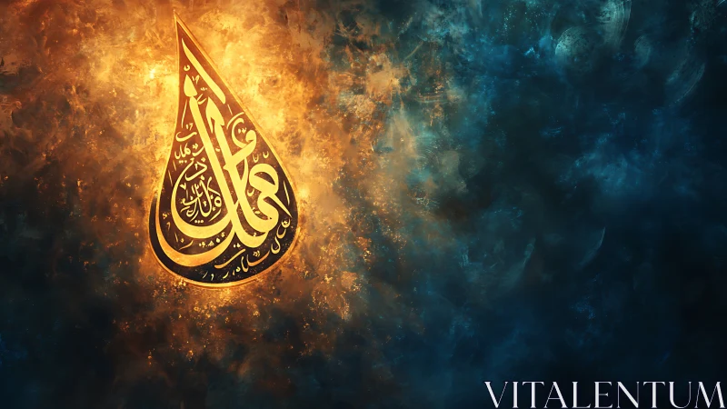Luminous Arabic calligraphy teardrop ignites celestial dusk.