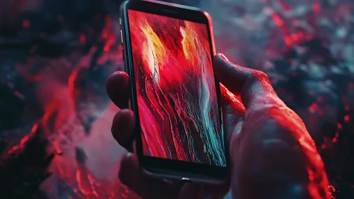 Smartphone in wet hand with abstract red screen display.