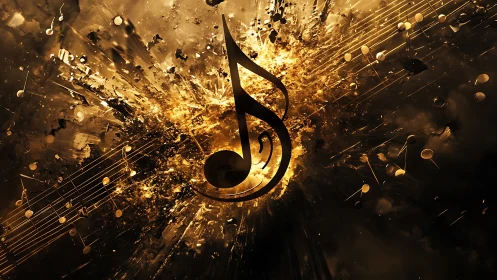 Exploding golden music note over dark abstract background.
