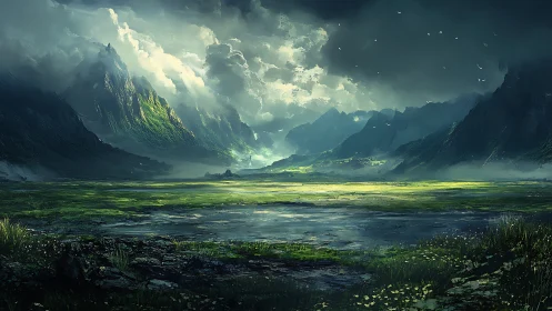 Storm-lit valley opens like a secret door between mountains