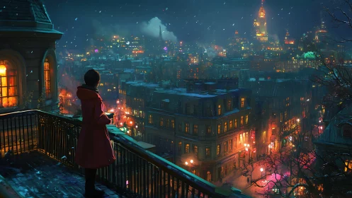 Solitary observer studies neon-lit winter cityscape at night