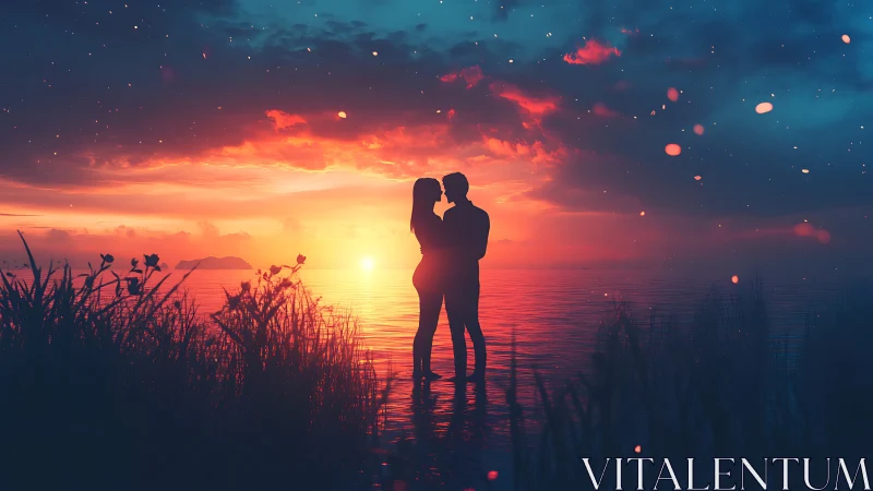 Silhouetted Couple at Sunset Over Water. Romantic Digital Composition.