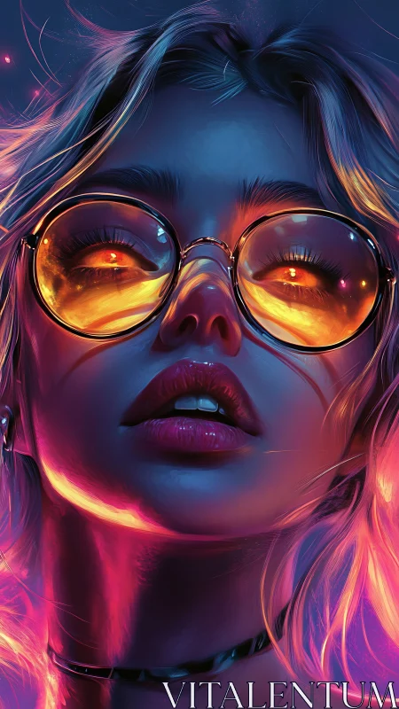Neon rim lighting sculpts reflective glasses and hyperreal skin