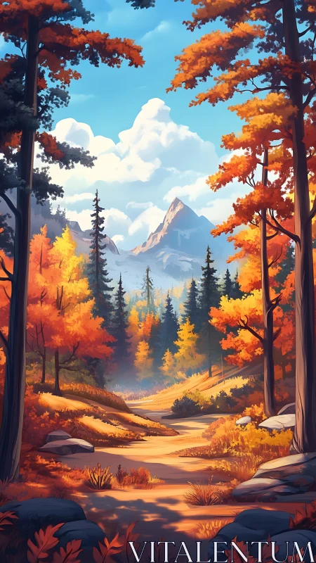Autumn forest valley with mountain vista and golden sunlight