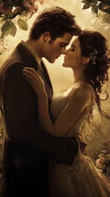 Romantic wedding couple silhouette with golden rim lighting and baroque floral backdrop