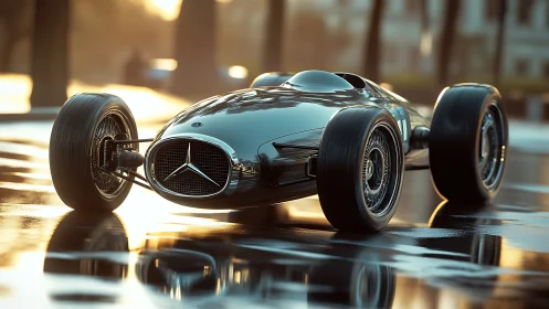 Gleaming retro racer cruising through golden morning light.